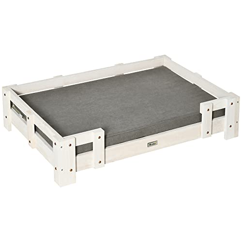 PawHut Cama elevada para perros con cojín y marco de madera, cama para...