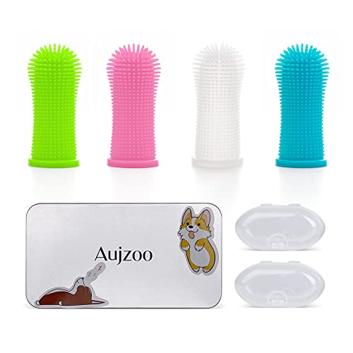 Aujzoo Juego de cepillos de dientes de silicona para perros (4 paquetes), para...