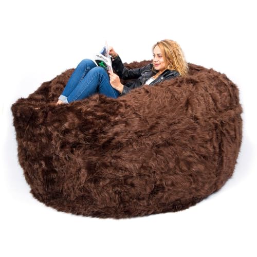 LiveDeco - Puf Gigante Redondo XXXL Interior en Piel de Pelo Largo Marrón,...